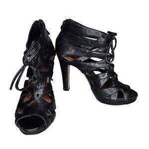 Halogen Black Strappy Leather Stiletto Heels Pumps Women's Size 5 EUC
